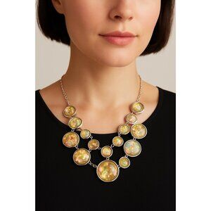 Chico’s Iridescent Faux Mother of Pearl Layered Bezel Statement Necklace Silver